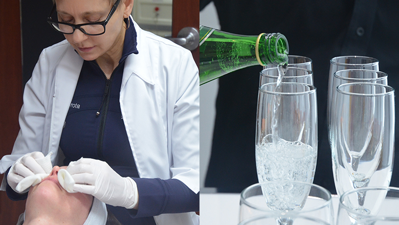 woman giving peel treatment, sparkling water poured into glass