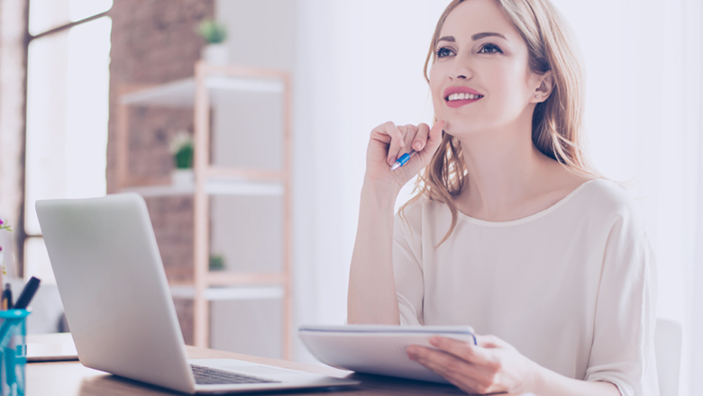 photo of a woman doing research online